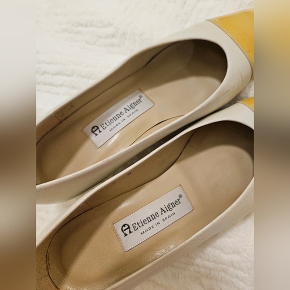 Vintage Etienne Aigner Leather Cap Toe Pump Shoes Heel  Yellow,Cream Size 7 - Picture 11 of 12